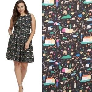 Rachel Antonoff Winnie Dress 18W Black Narrative Print Cottage Whimsy Easter